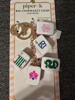 New Piper K Pink & White Mahjong Tile Bag Charm Key Chain